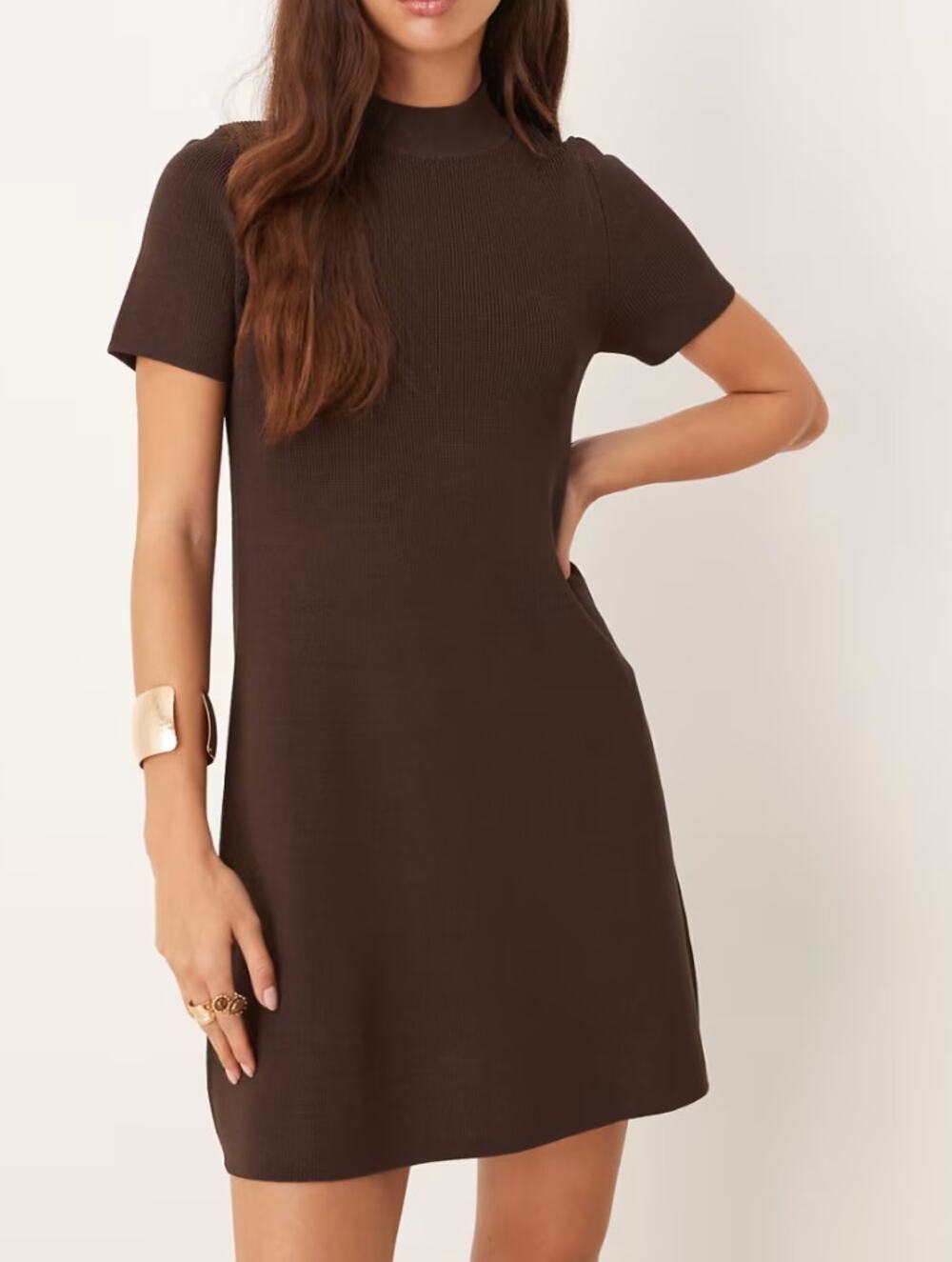 MNG Mango Brown Ribbed Knit Mock Neck Mini Dress Short Sleeve Size Small